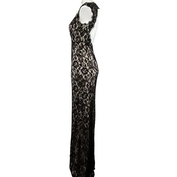 Aidan Mattox Gown black Lace Illusion v neck Open Back size 6